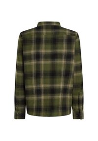 Groene geruite shirt met een button-down kraag, lange mouwen en manchetten; gemaakt van een zachte stof met zwarte en crèmekleurige patronen.