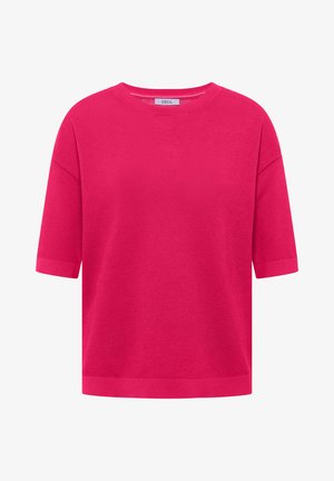 Pull tricot à manches courtes de couleur rose vif avec col rond et motif texturé, doté de poignets et d'un ourlet côtelés, étiquette "CECIL" à l'intérieur du col.
