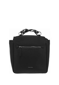 Sac à main en cuir noir avec une forme structurée, doté d'une poche avant zippée, de quincaillerie en argent et de deux poignées.