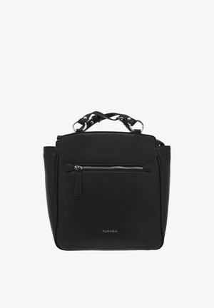 Sac à main en cuir noir avec une forme structurée, doté d'une poche avant zippée, de quincaillerie en argent et de deux poignées.