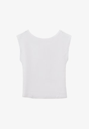 Haut blanc à manches courtes en tissu côtelé, présentant un col rond, une coupe ajustée et un design épuré et minimaliste sans détails supplémentaires.