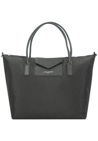 Sac fourre-tout noir en tissu texturé avec deux poignées, poche avant et fermeture éclair. Présente un logo discret à l'avant.