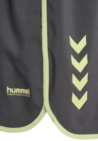 Mörkgrå träningsshorts med limegröna accenter, med en logotyp och ett chevronmönster på sidan, med en släta textur och rundad fåll.