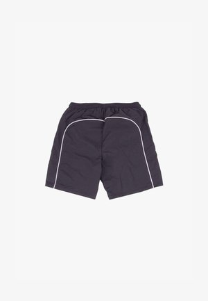 Black athletic shorts with an elastic waistband, featuring white side piping, lightweight fabric, and a simple, unadorned design.
