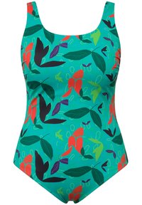 Maillot de bain une pièce avec une base verte, ornée d'un motif floral en rouge, violet et noir. Encolure carrée et découpe modérée au niveau des jambes.