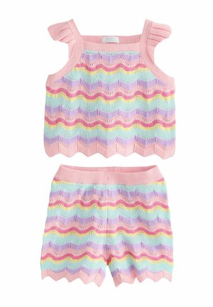 Zweiteiliges Strick-Kleinkind-Set mit ärmellosem Oberteil und Shorts, mit wellenförmigen Kanten und pastellfarbenen Zickzackstreifen in Pink, Lila, Gelb und Mint.