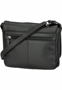 Borsa a tracolla in pelle nera con tracolla regolabile, tasca frontale con zip, texture liscia e design minimalista. Presenta un logo embossato.