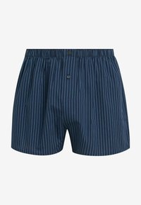 Marineblauwe gestreepte boxershorts met een elastische tailleband en knoopsluiting. Heeft verticale lichtblauwe strepen op een gladde stof.