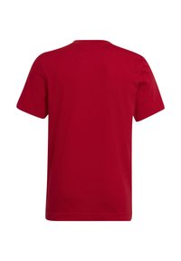 T-shirt rossa in cotone con un classico scollo rotondo e maniche corte, caratterizzata da una texture liscia e un design semplice e monocromatico.