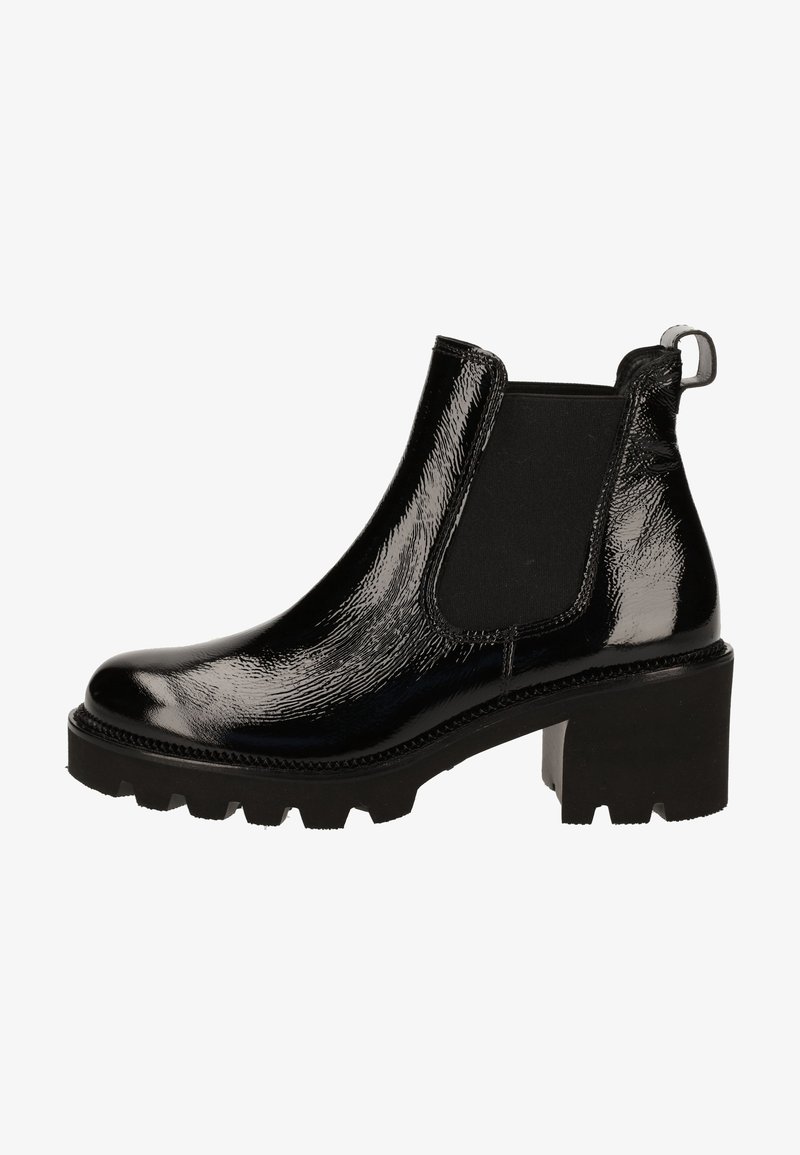 Botte Chelsea en cuir verni noir avec panneaux latéraux élastiques, semelle crantée épaisse, talon carré et languette à l'arrière.