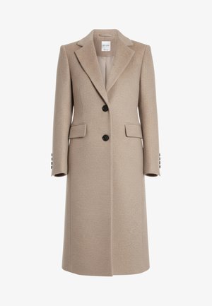 Beige wollen jas met een gestructureerde silhouet, reverskraag, twee steekzakken aan de voorkant en zwarte knopen. Lange mouwen met vier knoopaccenten.