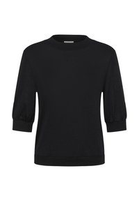 Black short-sleeve top with a round neckline, featuring puff sleeves and a slightly loose fit. Smooth texture and solid color design.