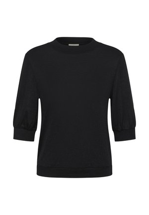 Crna kratkotrajna majica s kratkim rukavima i okruglim izrezom, koja ima napuhane rukave i blago labav kroj. Glatka tekstura i dizajn u jednoj boji.