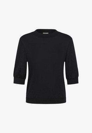 Juoda trumpa rankovė viršūnė su apvaliu kaklu, turinti pūkuotas rankoves ir šiek tiek laisvą siluetą. Lygi tekstūra ir vientisos spalvos dizainas.