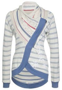 Sweat à capuche rayé à manches longues avec poignets bleus, patte de fermeture éclair asymétrique bleue et col châle en tricot multicolore avec broderie florale.