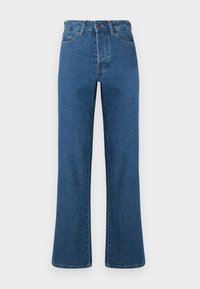 Jean en denim bleu à taille haute, jambes droites et finitions soignées. Comprend cinq poches et des détails de couture subtils.