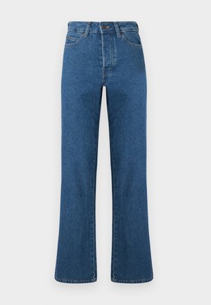 Blue denim jeans with a high waist, straight legs, and a clean finish. Features five pockets and subtle stitching details.