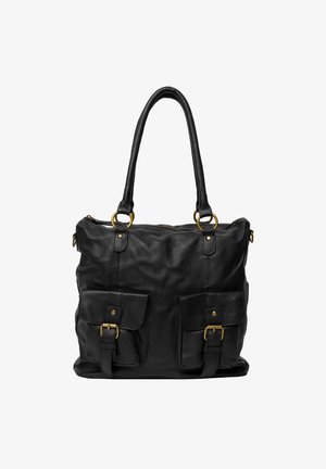 Fekete bőr bevásárlótáska két elülső zsebbel, arany színű fémrészekkel, cipzáras zárással és két kerek füllel. Puha, textúrált felület.