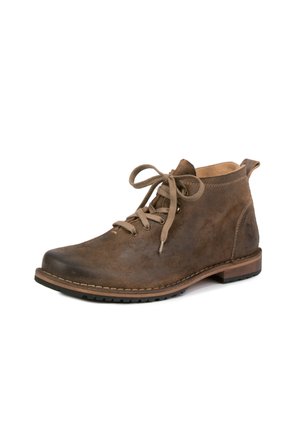 Braune Leder-Ankle Boots mit Schnürdesign, abgerundeter Zehenpartie und niedrigem gestapeltem Absatz. Verfügt über eine Wildleder-Textur und Nähdetails.