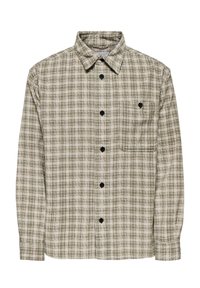 Geruite button-up shirt met een beige en donkergroen ruitpatroon, lange mouwen, een kraag en een enkele borstzak met een knoop.