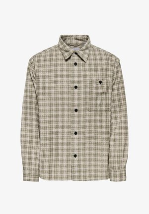 Kockás ing, bézs és sötétzöld mintával, hosszú ujjakkal, gallérral és egy gombos zsebből áll a mellkasán.