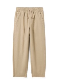 Pantalones beige, ligeros, con cintura elástica y cordón ajustable. Presentan dos bolsillos laterales y un diseño de pierna recta. Textura suave.
