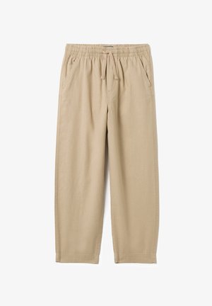 Pantaloni leggeri beige con elastico in vita e cordoncino. Presentano due tasche laterali e una vestibilità dritta. Tessuto morbido.