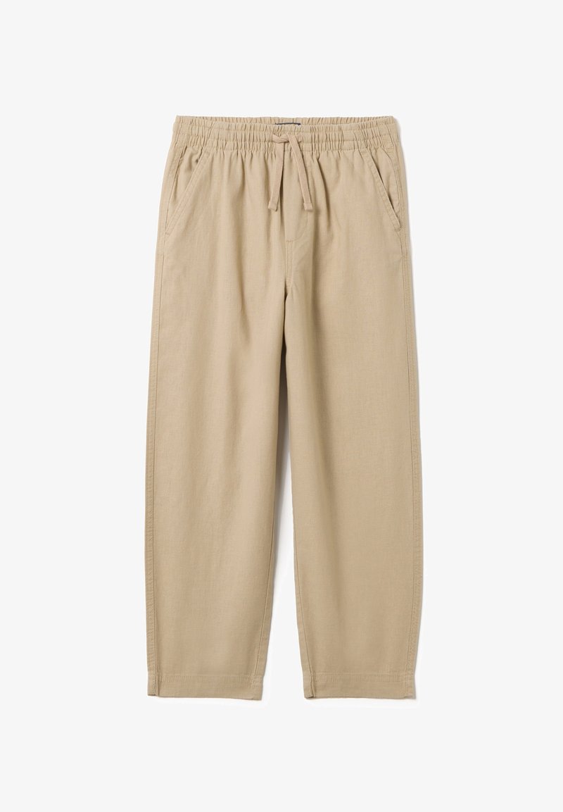 Beige, leichte Hose mit elastischem Bund und Kordelzug. Verfügt über zwei Seitentaschen und ein gerades Bein-Design. Glatte Textur.