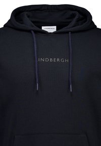 Hoodie noir avec cordon de serrage, doté d'une poche kangourou et du nom de la marque "LINDNERGH" imprimé en gris métallique à l'avant.