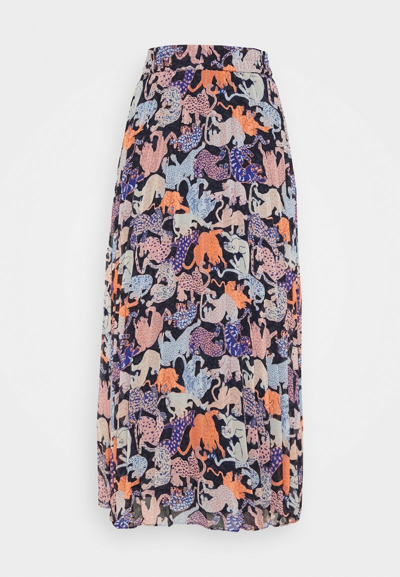 Jupe midi fluide avec taille élastique, présentant un motif coloré de divers léopards stylisés sur un fond sombre.