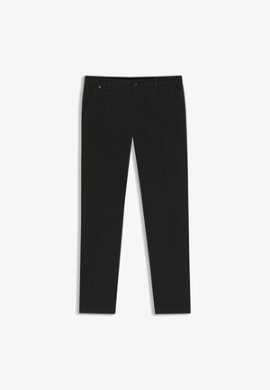 Pantaloni neri realizzati in tessuto liscio, con un design a gamba dritta, tasche laterali, chiusura con bottone frontale e un discreto dettaglio di branding.