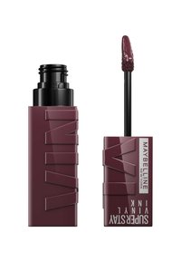 Rouge à lèvres liquide Maybelline Superstay Vinyl Ink en bordeaux profond, emballage rectangulaire élégant, finition mate avec logo en relief, et applicateur.