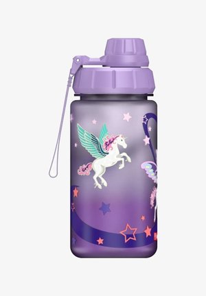 Lila Wasserflasche mit einem Klappdeckel, verziert mit bunten fliegenden Einhörnern und mehrfarbigen Sternmustern.