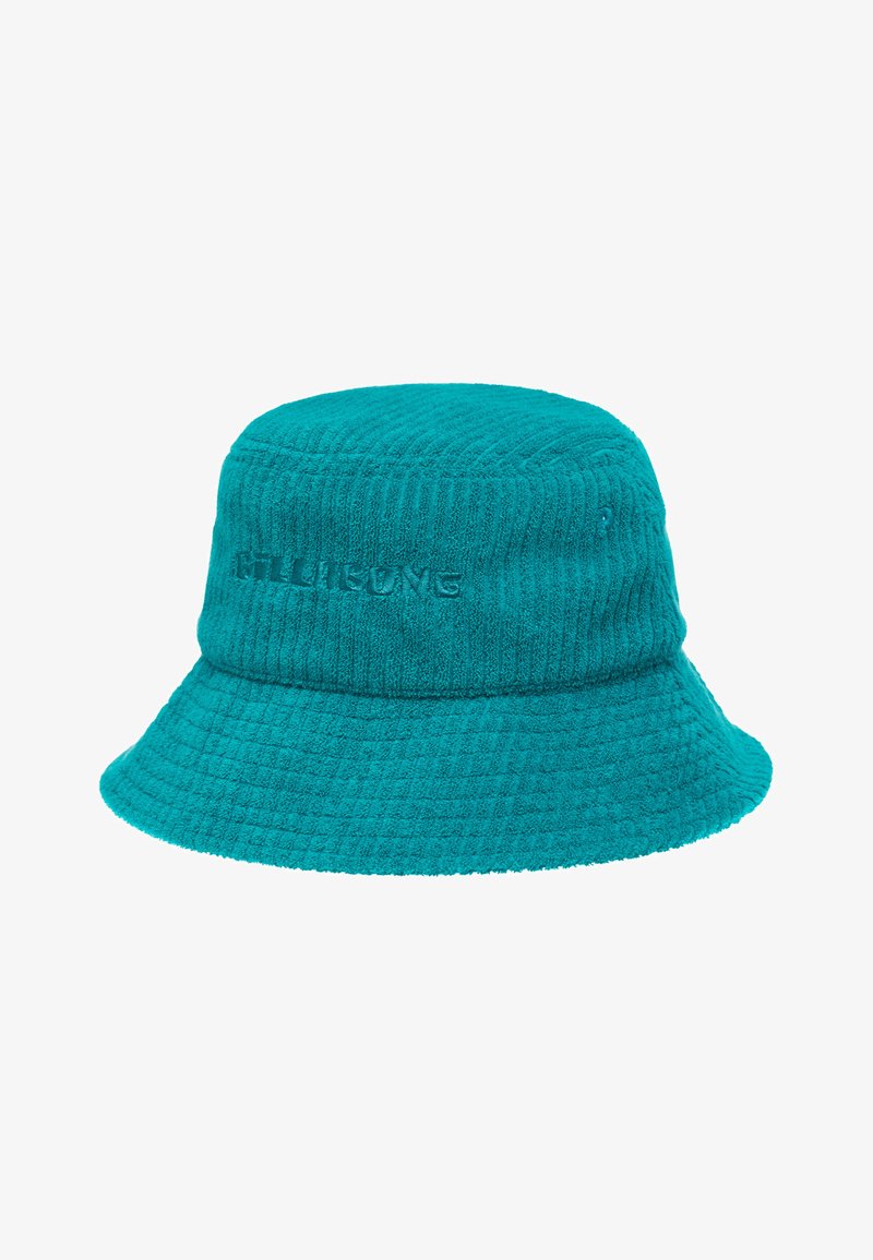 Teal bucket-hatt av texturerad tyg, med rund krona och bred brätte. Broderad logotyp framtill.