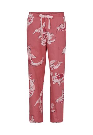 Pantalon rose avec imprimé de poissons koi blancs et marron, taille élastique et cordon de serrage à l'avant.