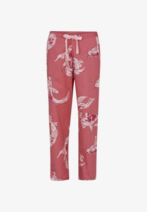 Różowe spodnie z nadrukiem białych i bordowych ryb koi, elastycznym pasem i sznurkiem z przodu.