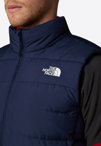 Mand iført en marineblå ærmeløs puffervest med "The North Face" logo på brystet over en sort langærmet skjorte.