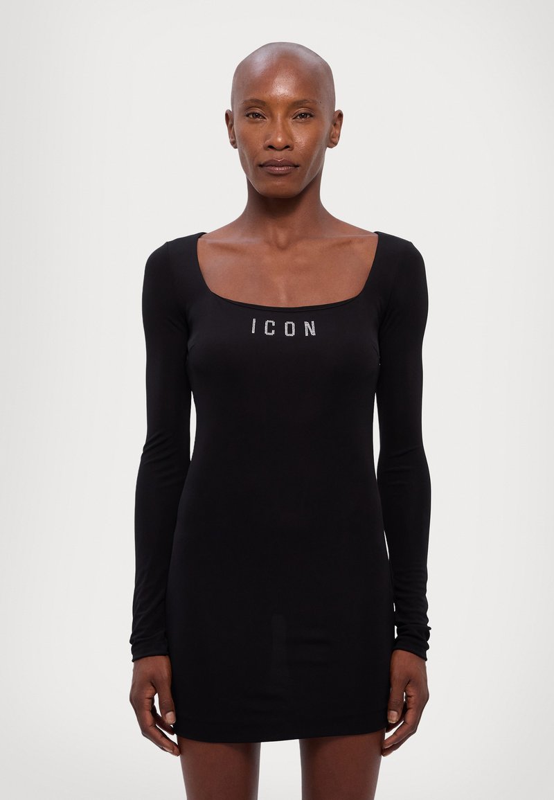 Black long-sleeve dress featuring a square neckline and the word "ICON" in metallic detailing at the chest. Stretchy, form-fitting fabric.