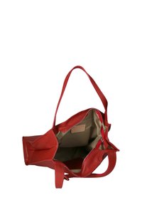 Rode leren schoudertas met een gestructureerd oppervlak, open bovenkant en een enkele handgreep, met een interieurvak met rits en een beige voering.