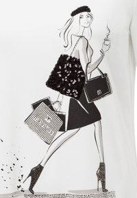 Graphic design of a woman in a black skirt and sequined top, holding shopping bags, with a coffee cup and wearing a beret.