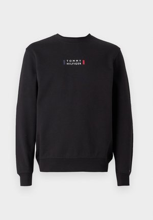 Black sweatshirt made of cotton with a crew neck, featuring a small embroidered logo in red, white, and blue on the chest.