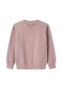 Felpa rosa chiaro realizzata in tessuto morbido, con colletto rotondo, maniche lunghe e "PEPE JEANS" in rilievo sulla parte anteriore.