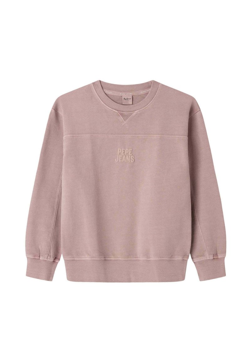 Felpa rosa chiaro realizzata in tessuto morbido, con colletto rotondo, maniche lunghe e "PEPE JEANS" in rilievo sulla parte anteriore.