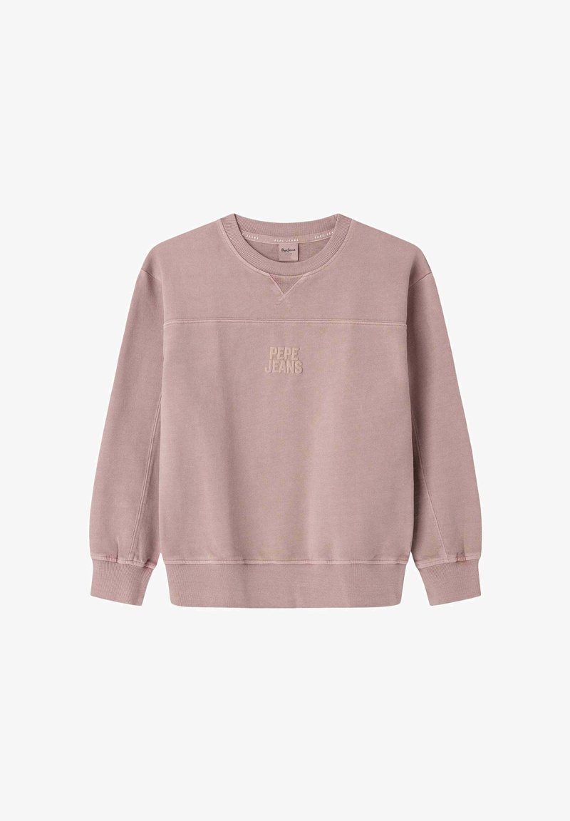 Svetlo ružová mikina vyrobená z mäkkej látky s okrúhlym výstrihom, dlhými rukávmi a embosovaným nápisom "PEPE JEANS" na prednej strane.