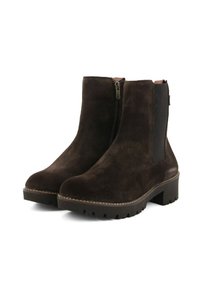 Stivaletti alla caviglia in suede marrone scuro con cerniera laterale, pannello elasticizzato, tacco spesso e suola robusta per un look casual.