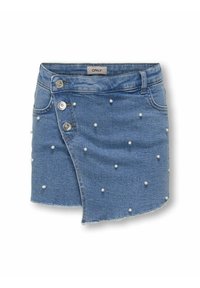 Leren denim mini-rock in lichtblauw, met parelaccenten, een wikkelontwerp, een sluiting met twee knopen en een rafelige zoom.