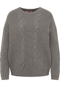 Grauer Strickpullover mit einem Zopfmuster in der Mitte, geripptem Textur, Rundhalsausschnitt und leicht übergroßen Bündchen.