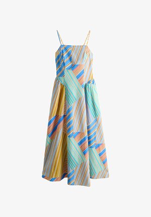 Ærmeløs maxikjole med patchworkdesign af multifarvede diagonale striber i blå, gul, rød og turkise toner.