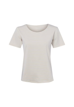 Beige und weiß gestreiftes Kurzarmshirt mit rundem Ausschnitt, vor weißem Hintergrund dargestellt.