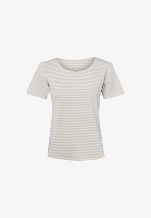 Beige und weiß gestreiftes Kurzarmshirt mit rundem Ausschnitt, vor weißem Hintergrund dargestellt.